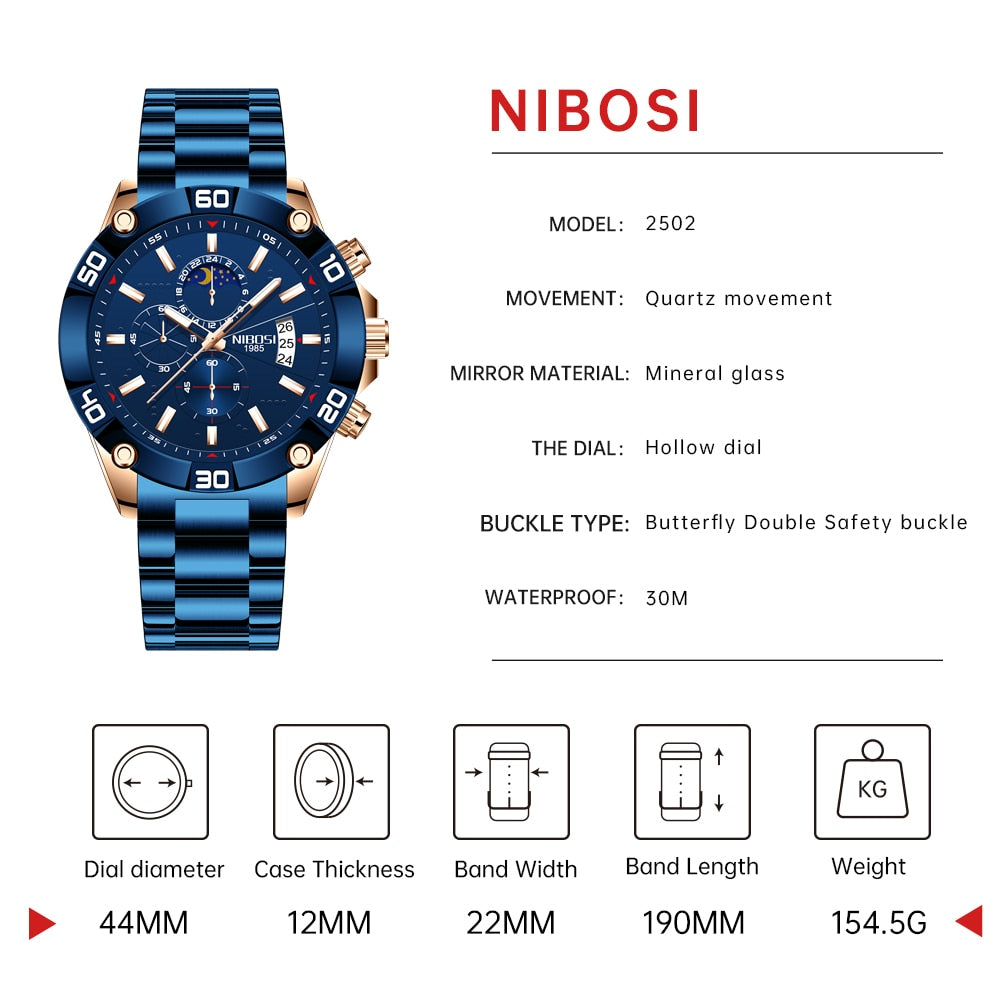 Montre NIBOSI chronograph original ساعة أصلية مقاومة للماء جميع العقارب شغالة