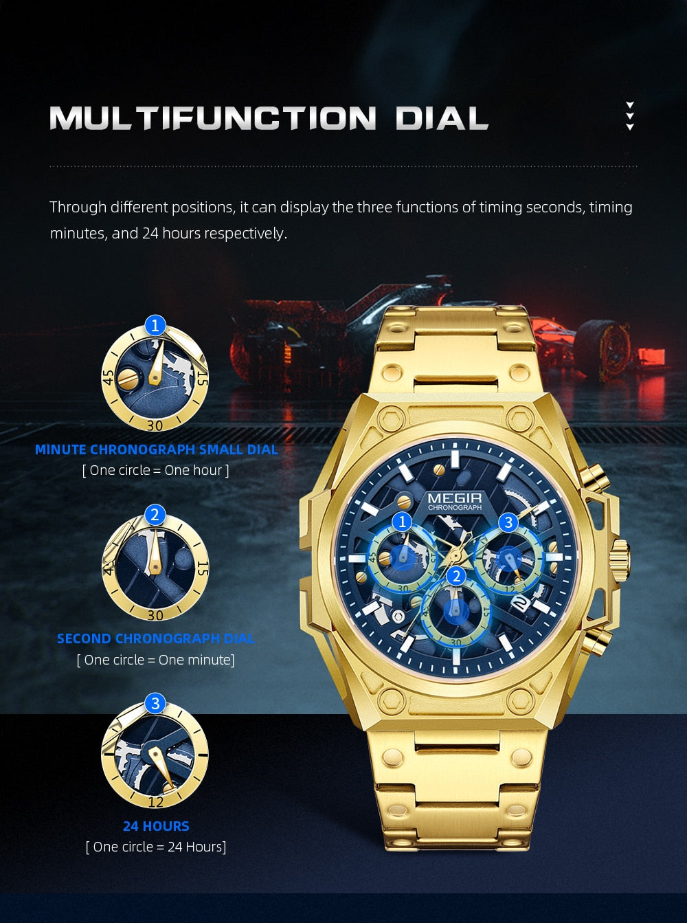 Montre MEGIR chronograph original ساعة أصلية مقاومة للماء جميع العقارب شغالة